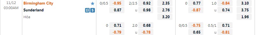 Biến động tỷ lệ kèo Birmingham vs Sunderland, 3h ngày 12/11 - Ảnh 1