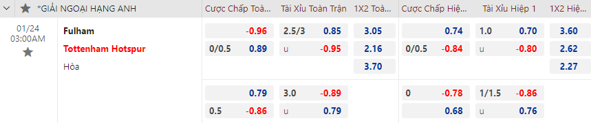 Biến động tỷ lệ kèo Fulham vs Tottenham, 3h ngày 24/1 - Ảnh 1