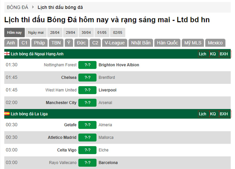 Lịch thi đấu b&oacute;ng đ&aacute; h&ocirc;m nay