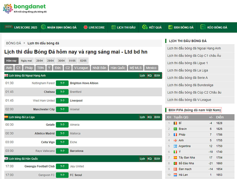 Xem lịch thi đấu b&oacute;ng đ&aacute; h&ocirc;m nay nhanh ch&oacute;ng đa dạng c&aacute;c giải đấu
