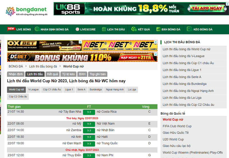 Xem lịch thi đấu của World Cup nữ 2023 tr&ecirc;n Bongdanet.online