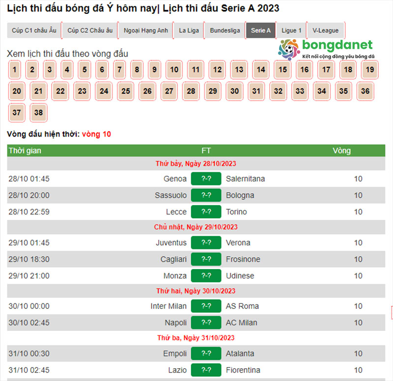 Xem lịch thi đấu Serie A ch&iacute;nh x&aacute;c tại Bongdanet.online