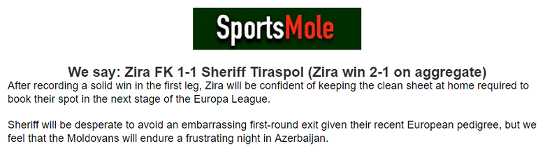 Chuy&ecirc;n gia dự đo&aacute;n Zira vs Sheriff Tiraspol, 23h00 ng&agrave;y 18/7 - Ảnh 1