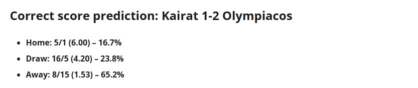 Siêu máy tính dự đoán Kairat Almaty vs Olympiacos, 22h30 ngày 9/12 - Ảnh 1