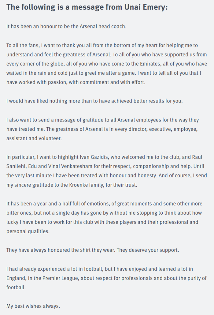 Xúc động với tâm thư chia tay Arsenal của Unai Emery