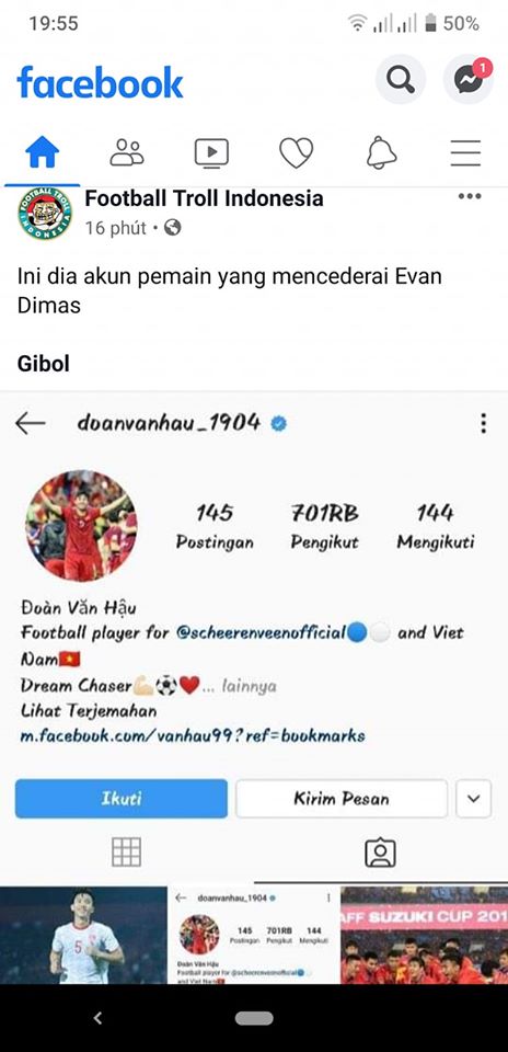 CĐV Indonesia &lsquo;khủng bố&rsquo; trang c&aacute; nh&acirc;n của Văn Hậu sau trận chung kết SEA Games 30