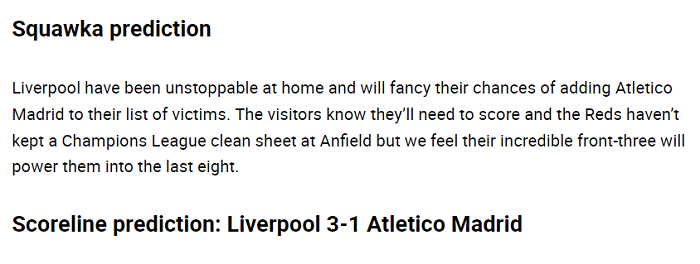 Dự đoán Liverpool vs Atletico Madrid (3h 12/3) bởi Squawka