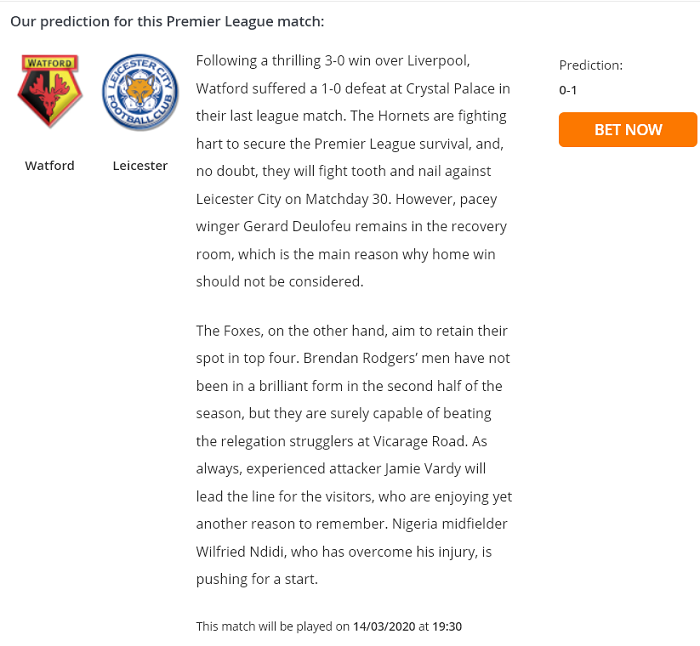 Dự đoán Watford vs Leicester (19h30 14/3) bởi Football Predictions