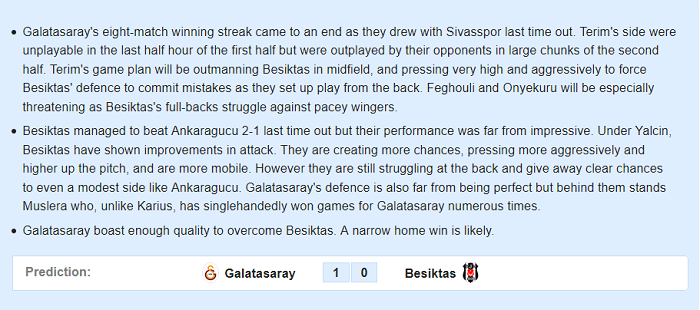 Dự đo&aacute;n Galatasaray vs Besiktas (23h 15/3) bởi Whoscored