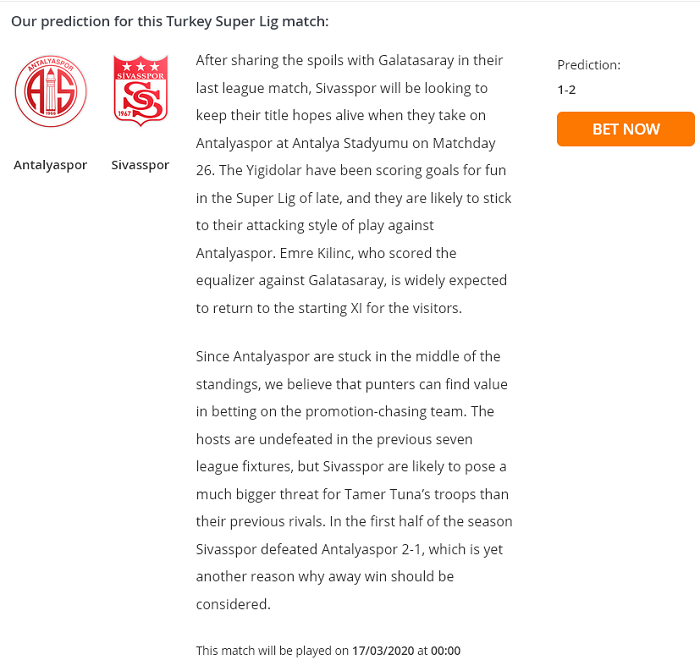 Dự đo&aacute;n Antalyaspor vs Sivasspor (0h 17/3) bởi Football Predictions