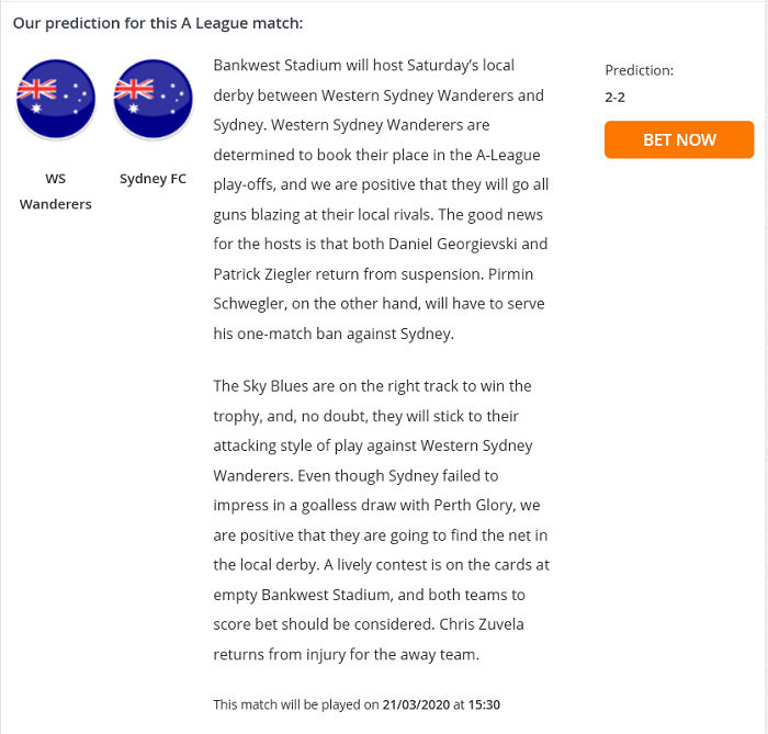 Dự đoán Western Sydney vs Sydney (15h30 21/3) bởi Football Predictions