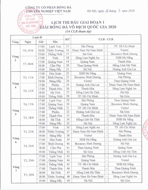 Lịch thi đấu chính thức V-League 2020