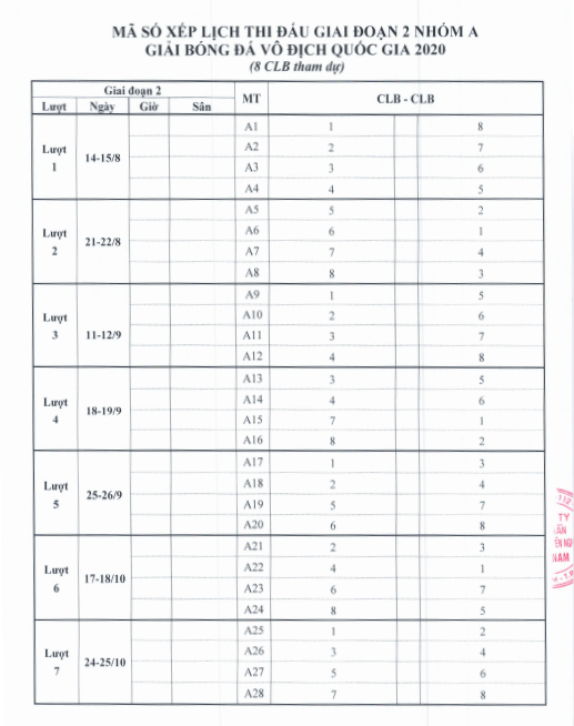 Lịch thi đấu chính thức V-League 2020