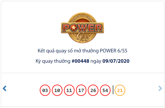 Kết quả Vietlott Xổ số tự chọn POWER 6/55 ngày 9/7
