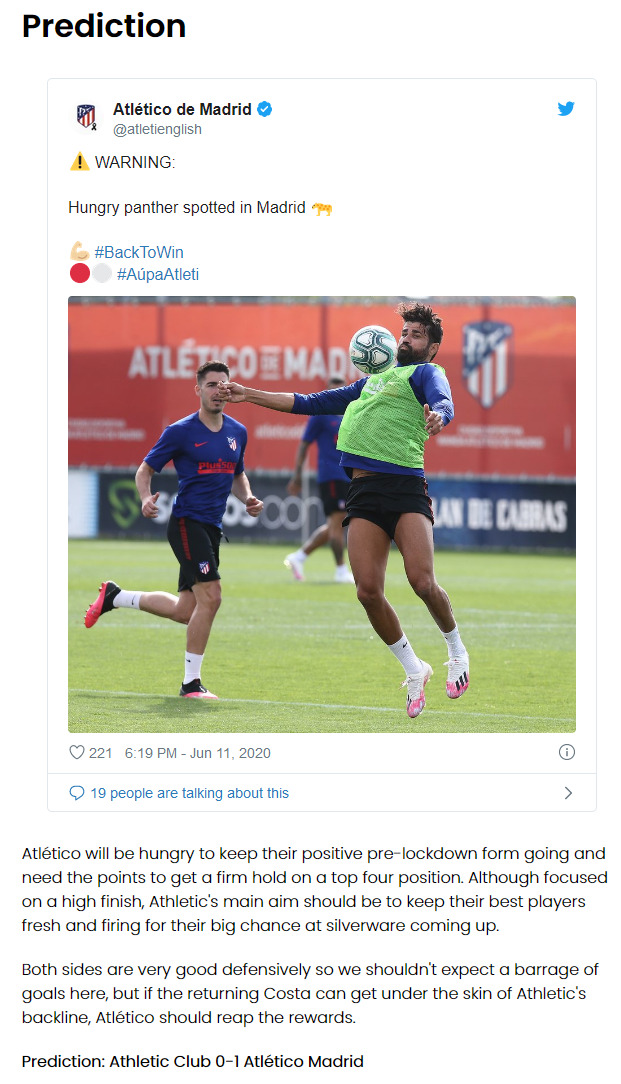 Dự đoán Bilbao vs Atletico Madrid (19h 14/6) bởi chuyên gia Duncan Mitchell