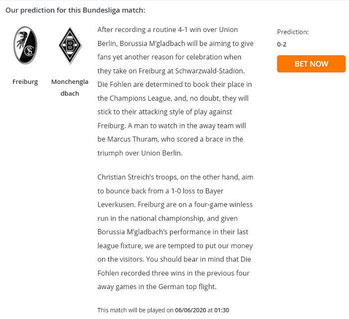 Dự đoán Freiburg vs Mgladbach (1h30 6/6) bởi Football Predictions