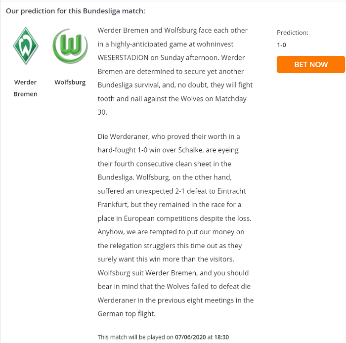 Dự đoán Bremen vs Wolfsburg (18h30 7/6) bởi Football Predictions