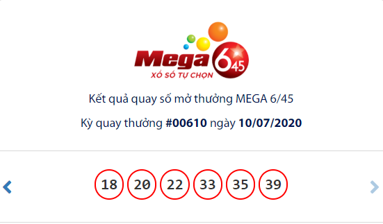 Kết quả Vietlott Xổ số tự chọn MEGA 6/45 ngày 10/7