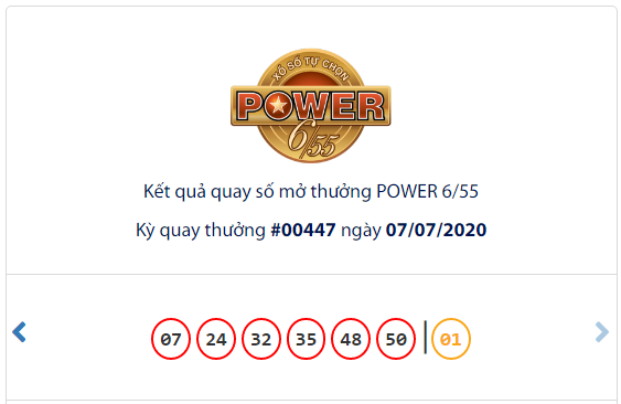 Kết quả Vietlott Xổ số tự chọn POWER 6/55 ng&agrave;y 7/7