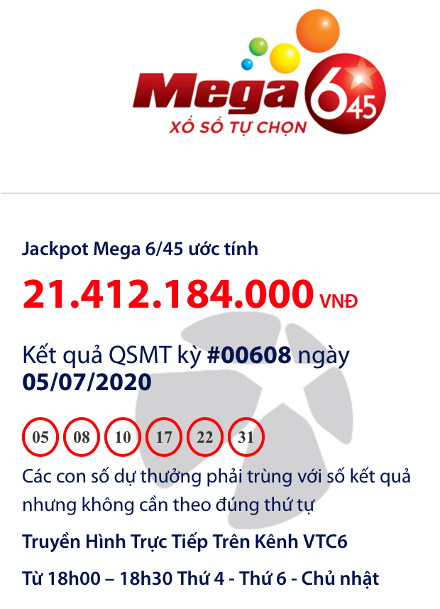 Kết quả Vietlott Xổ số tự chọn MEGA 6/45 ng&agrave;y 5/7